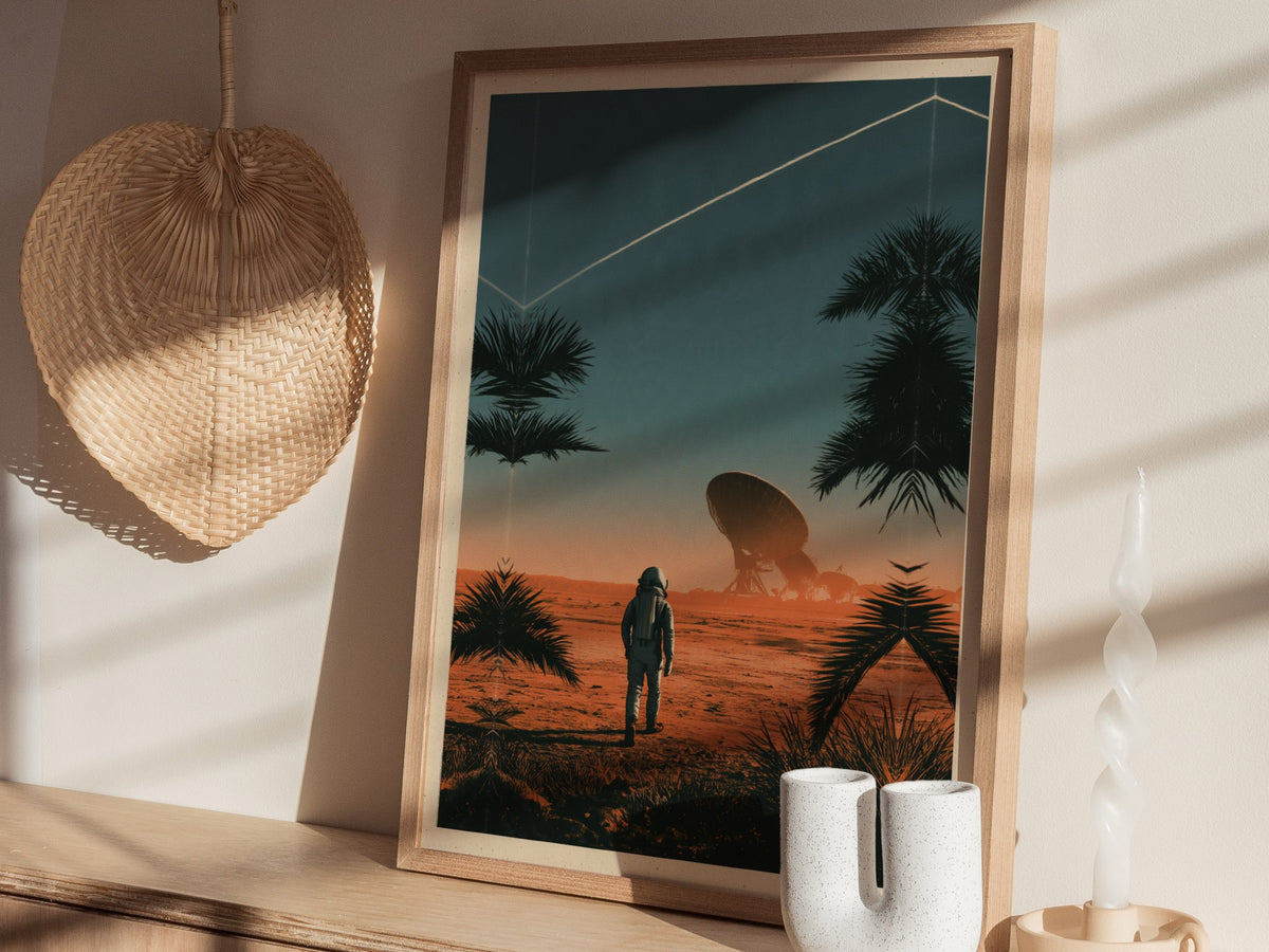 Astronaut Walks Shore Poster | Turquoise and Coral Screen Print Art Print | Sci-Fi Wall Art — styled in an interior