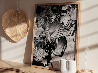 Tiger Plays Dragons Poster | Cream and Black Pen and Ink Art Print | Dark Fantasy Wall Art — styled in an interior