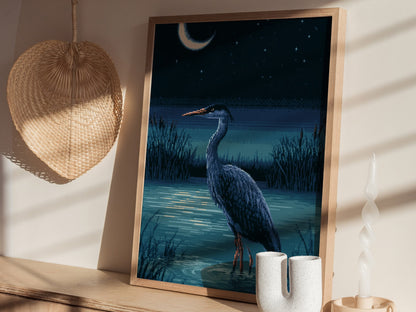 Heron Finds Moonlight Poster | Teal and Navy Pixel Art Print | Retro Gaming Wall Art — styled in an interior