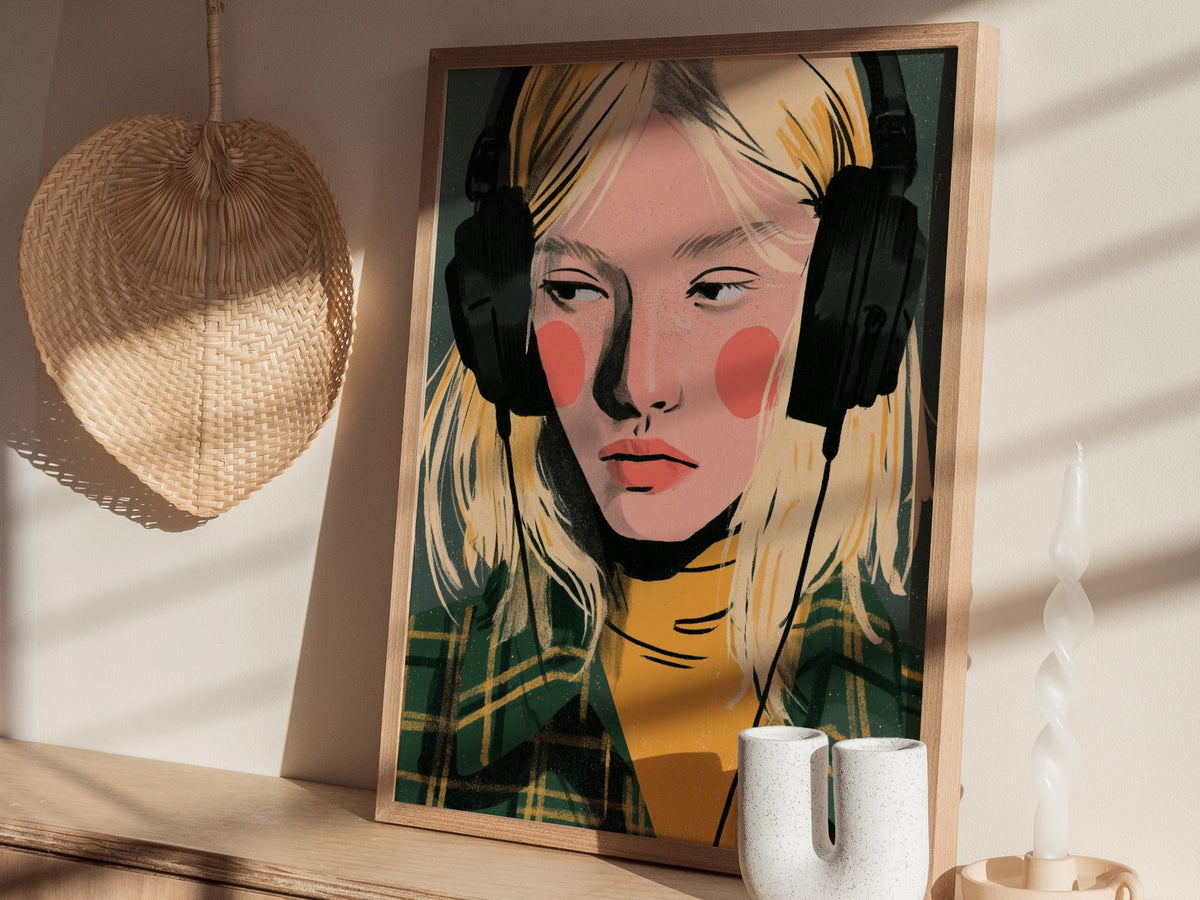 Headphone Hours Poster | Green and Gold Illustrative Art Print | Music Lovers Wall Art — styled in an interior
