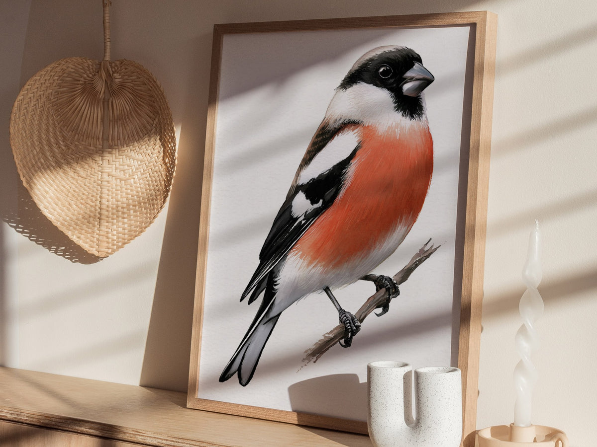 Bullfinch Owns Branch Poster | Orange and Black Watercolor Art Print | Naturalist Wall Art — styled in an interior