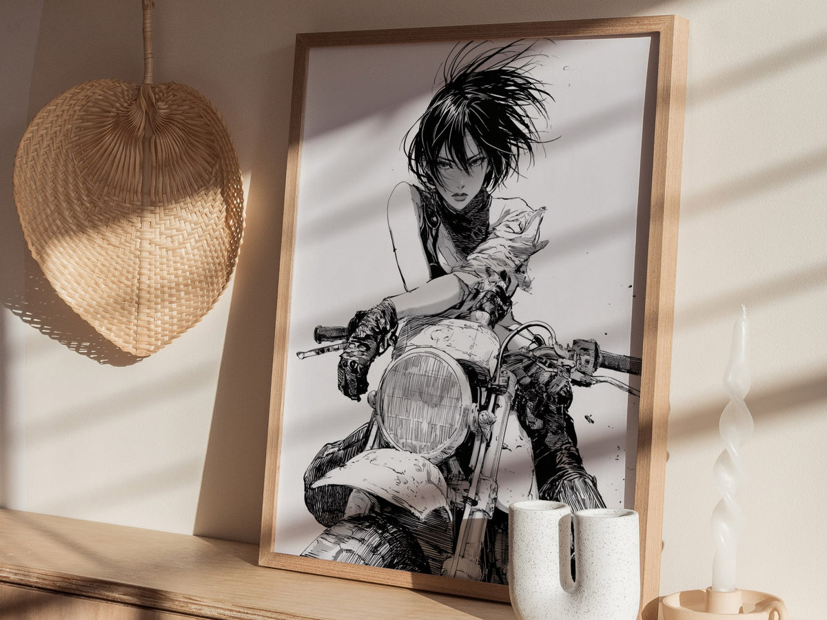 Rider Cuts Wind Poster | Black and White Pen and Ink Art Print | Moto Wall Art — styled in an interior