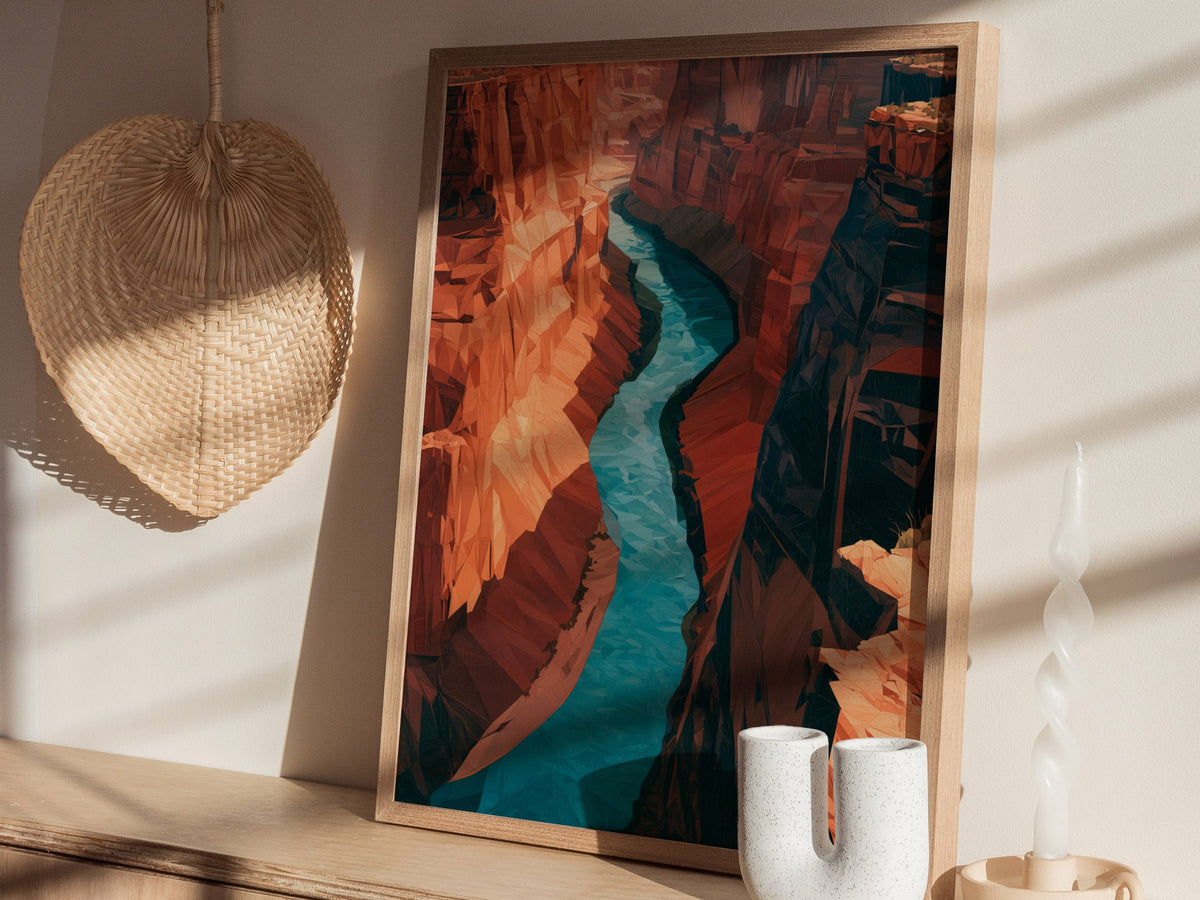 Canyon Holds River Poster | Turquoise and Ochre Low Poly Art Print | Modern Minimalist Wall Art — styled in an interior