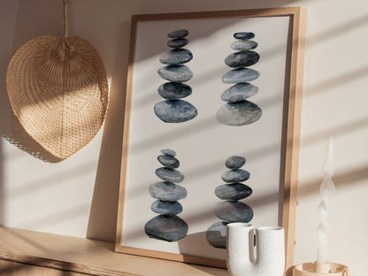 Four Stone Arrangements Poster | Gray and Blue-Gray Japanese Watercolor Art Print | Minimalist Wall Art — styled in an interi