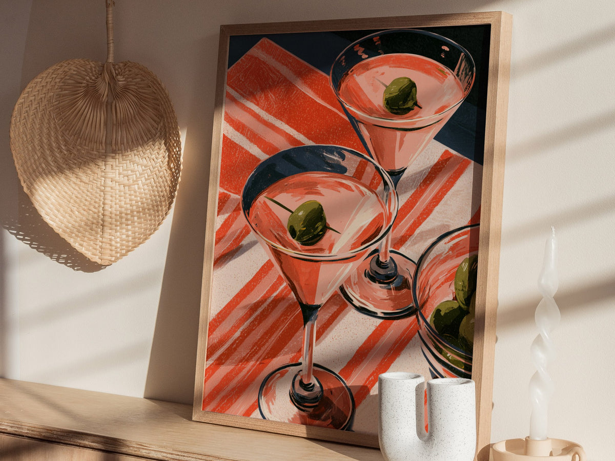 Striped Martini Still Life Poster | Red and Pink Illustrative Art Print | Kitchen Wall Art — styled in an interior