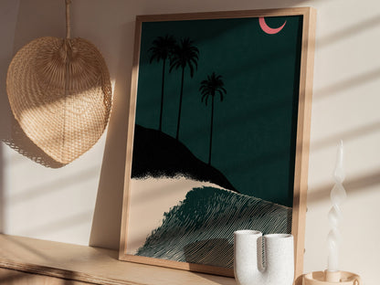 Moon Breaks Wave Poster | Green and Pink Screen Print Art Print | Surf Wall Art — styled in an interior