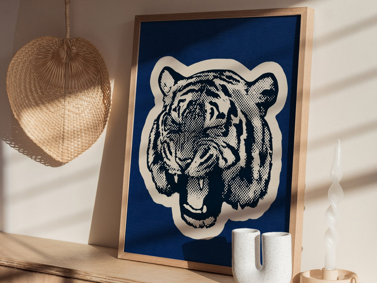 Tiger Roars Blue Poster | Navy and Cobalt Screen Print Art Print | Mid-Century Wall Art — styled in an interior