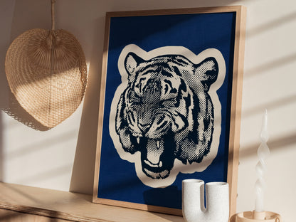 Tiger Roars Blue Poster | Navy and Cobalt Screen Print Art Print | Mid-Century Wall Art — styled in an interior