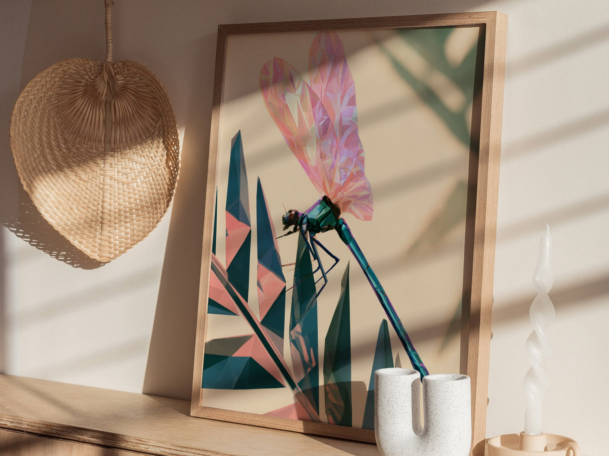 Damselfly Lands Crystal Poster | Teal and Lavender Low Poly Art Print | Modern Minimalist Wall Art — styled in an interior