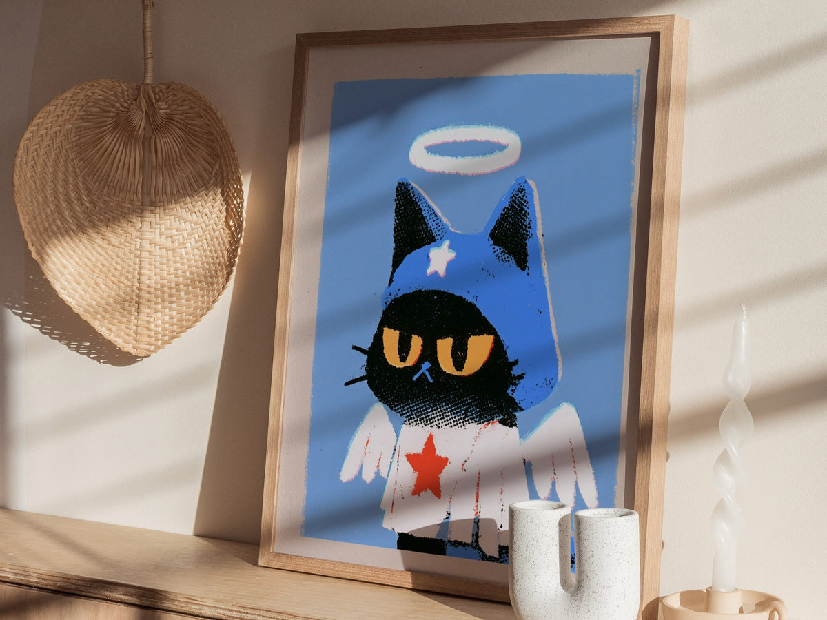 Angel Kitten Stands Poster | Blue and Orange Screen Print Art Print | Kids Room Wall Art — styled in an interior