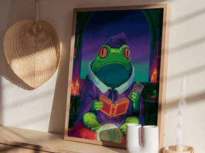 Frog Sees Fortune Poster | Purple and Teal Pixel Art Print | Dark Fantasy Wall Art — styled in an interior
