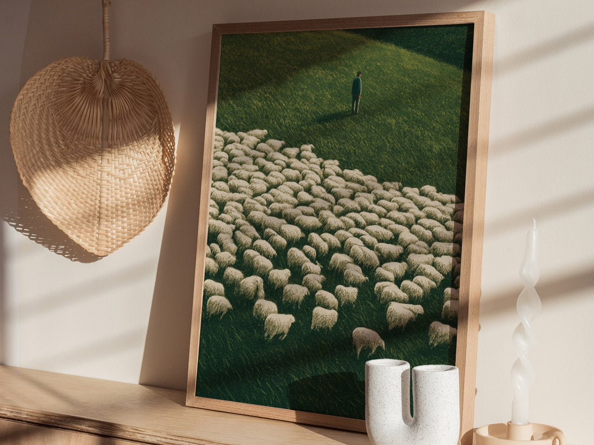 Shepherd Counts Flock Poster | Green and Cream Illustrative Art Print | Cottagecore Wall Art — styled in an interior