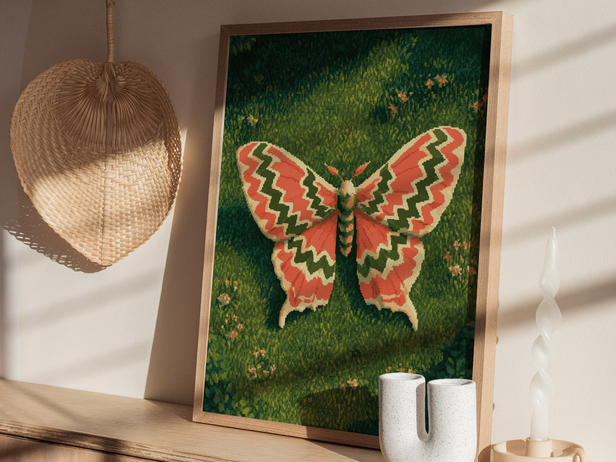 Moth Owns Chevron Poster | Coral and Olive Pixel Art Print | Retro Gaming Wall Art — styled in an interior