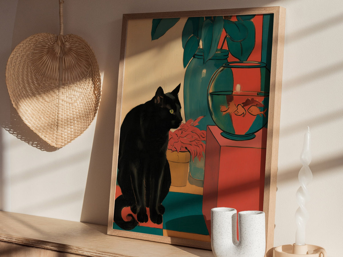 cat-and-goldfish Poster | Coral and Teal Matisse Style Art Print | Modern Home Wall Art — styled in an interior