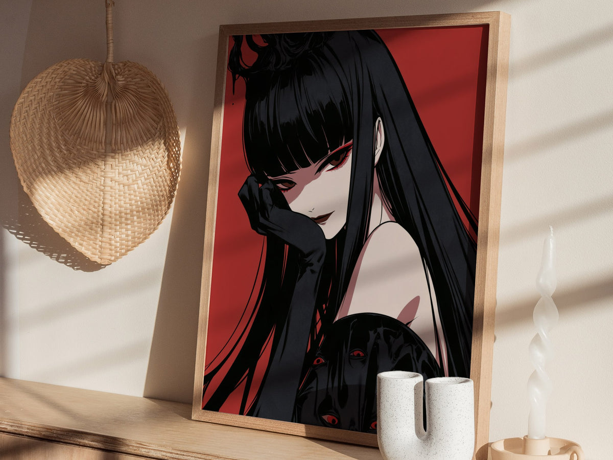 Demon Queen Watches Poster | Red and Black Illustrative Art Print | Dark Fantasy Wall Art — styled in an interior