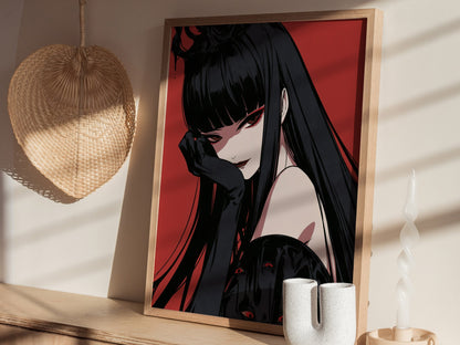 Demon Queen Watches Poster | Red and Black Illustrative Art Print | Dark Fantasy Wall Art — styled in an interior