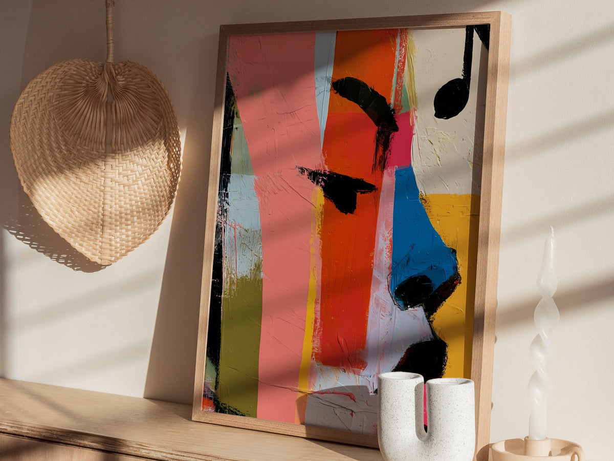 High Note Poster | Coral and Cobalt Abstract Art Print | Music Lover Wall Art — styled in an interior