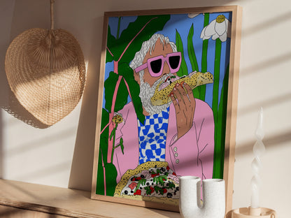 Pizza Garden Poster | Pink and Sky Illustrative Art Print | Surreal Kitchen Wall Art — styled in an interior
