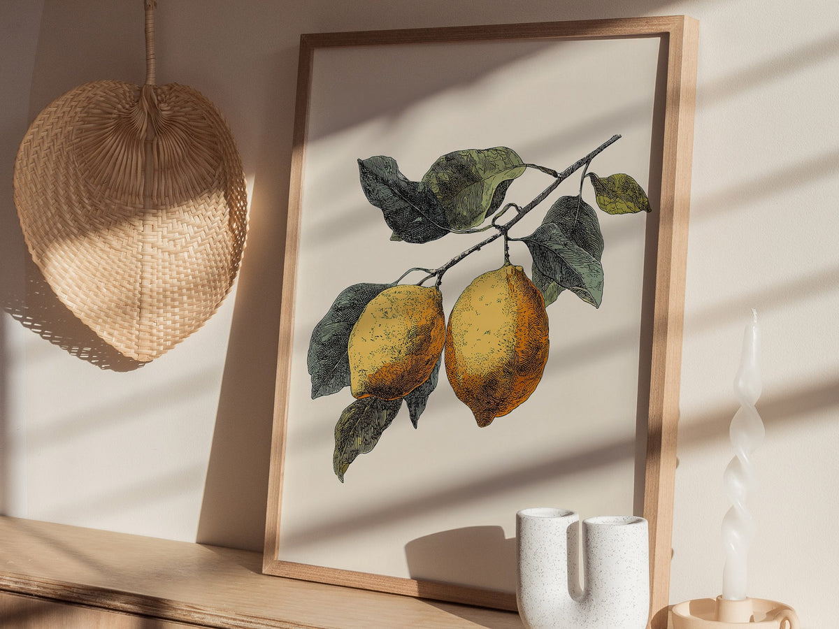 Lemons 01 Poster | Floral and Plants Art Print — styled in an interior