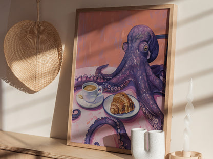 Breakfast Octopus Poster | Purple and Coral Illustrative Art Print | Kitchen Wall Art — styled in an interior