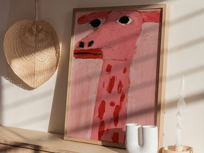 pink-giraffe-portrait Poster | Pink and Cream Oil Painting Art Print | Kids Room Wall Art — styled in an interior