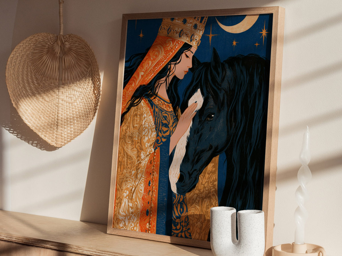 Queen Greets Night Poster | Gold and Midnight Illustrative Art Print | Dark Fantasy Wall Art — styled in an interior
