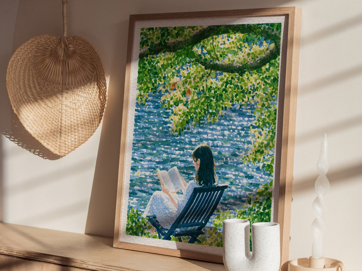 Reader by Water Poster | Blue and Yellow-Green Japanese Watercolor Art Print | Contemplative Readers Wall Art — styled in an