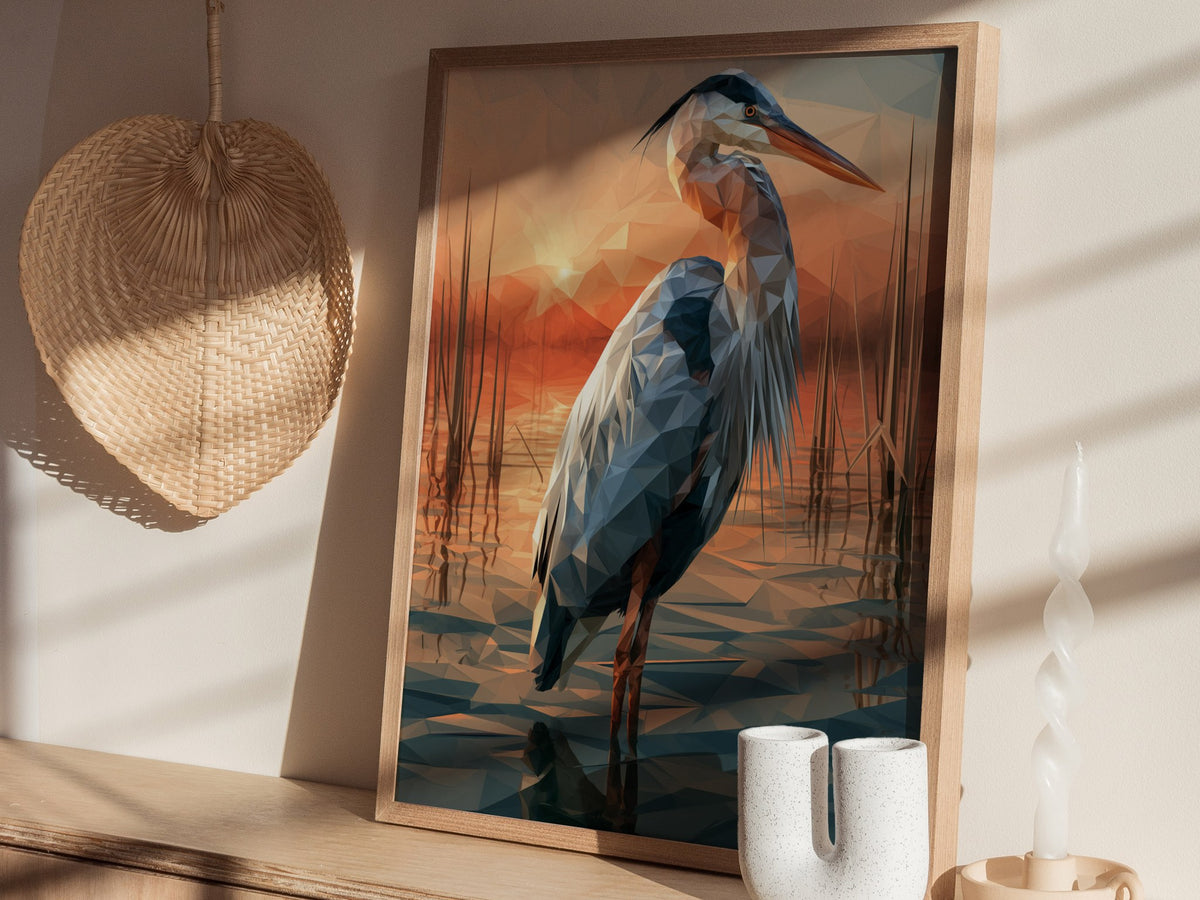 Heron Guards Dusk Poster | Slate and Burnt Low Poly Art Print | Minimalist Wall Art — styled in an interior