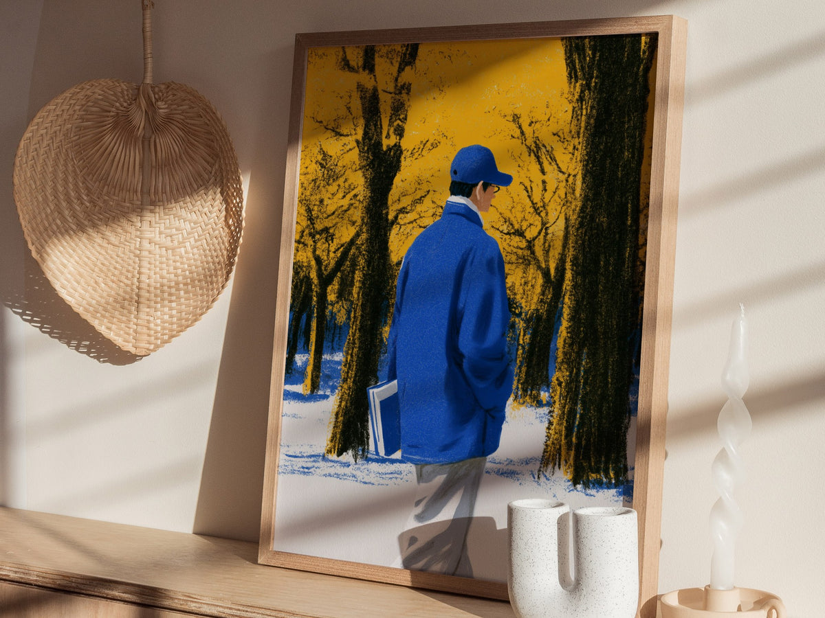 Reader Walks Blue Poster | Cobalt and Green Illustrative Art Print | Book Lovers Wall Art — styled in an interior