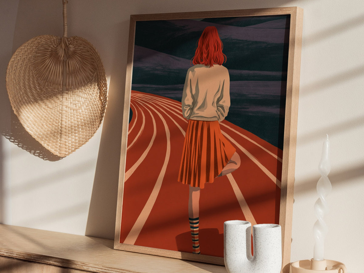 Athlete Reaches Skyward Poster | Rust and Orange Illustrative Art Print | Athletes Wall Art — styled in an interior
