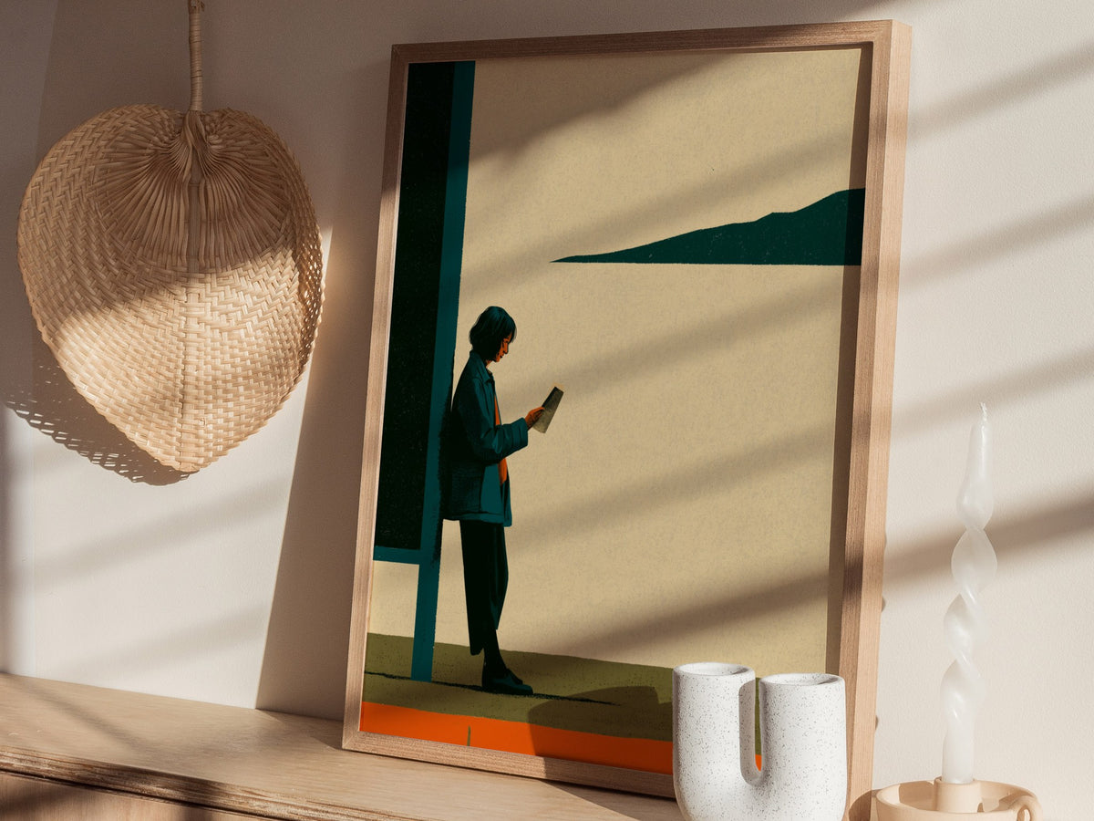 Woman Waits Morning Poster | Teal and Orange Illustrative Art Print | Urban Minimalist Wall Art — styled in an interior