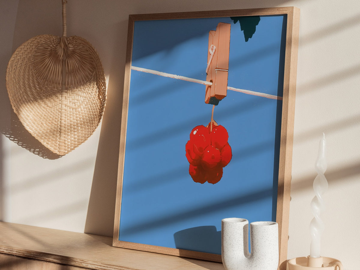 Cherries Hang Drying Poster | Red and Blue Illustrative Art Print | Kitchen Wall Art — styled in an interior
