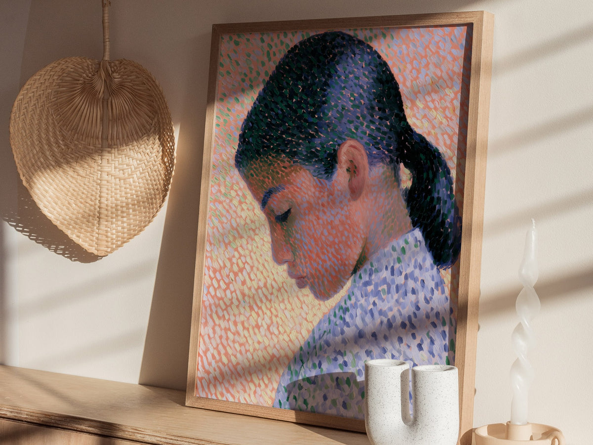 Girl in Ponytail Poster | Coral and Purple Oil Painting Art Print | Contemporary Portrait Wall Art — styled in an interior