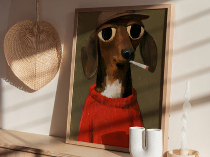 Dachshund In Red Poster | Red and Olive Oil Painting Art Print | Folk Art Wall Art — styled in an interior