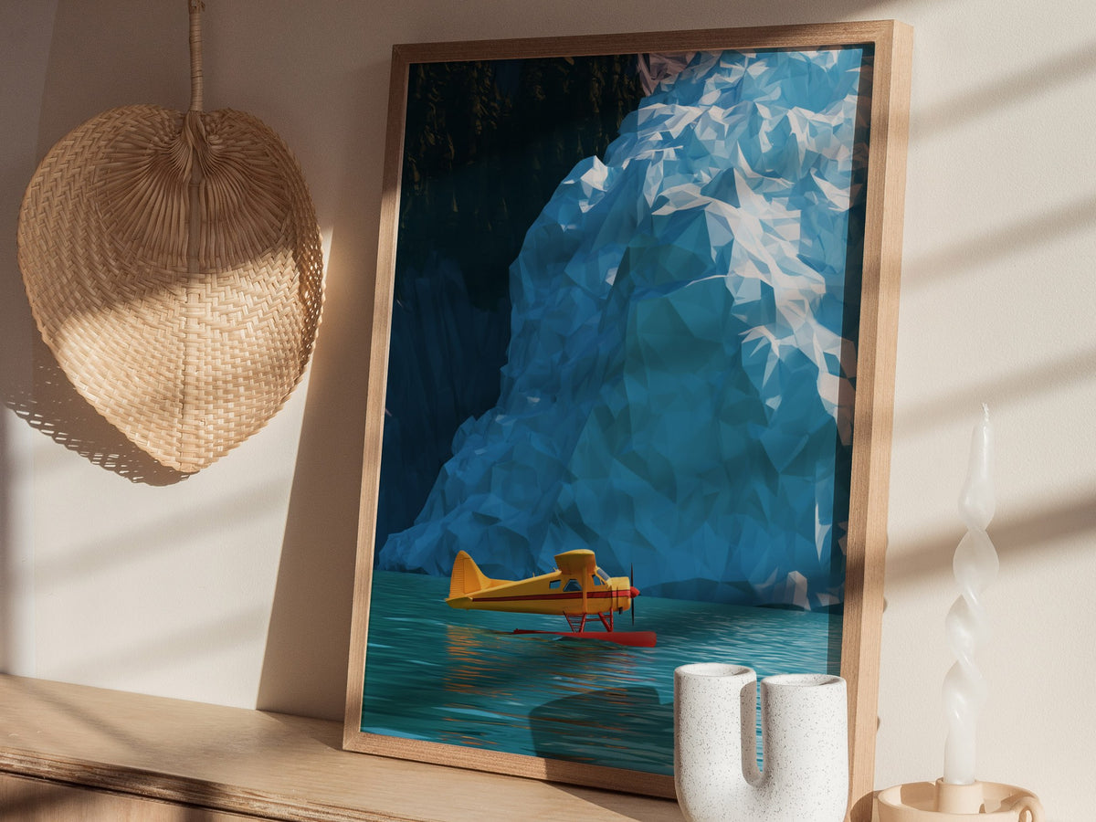 Seaplane Parks Glacier Bay Poster | Yellow and Turquoise Low Poly Art Print | Aviation Wall Art — styled in an interior