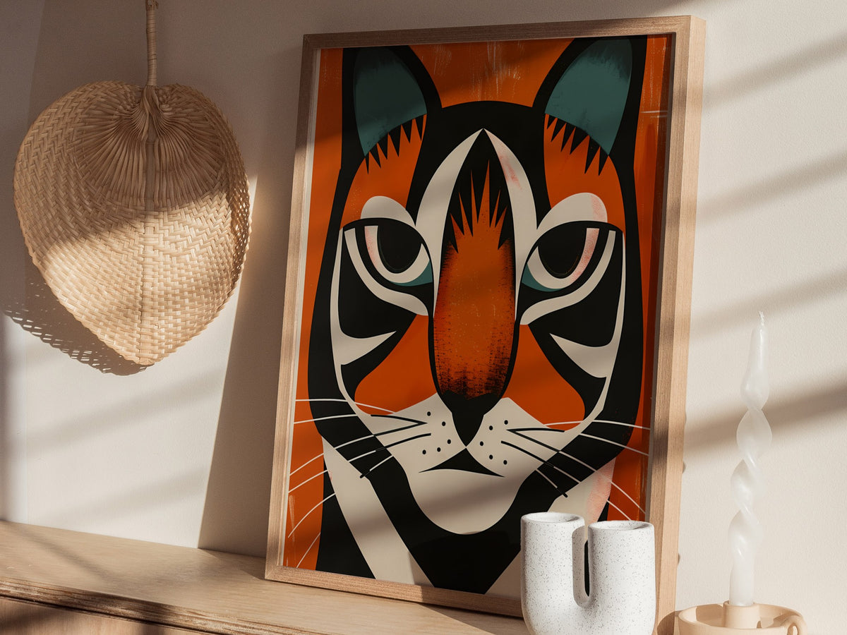 Tiger Stripes Poster | Orange and Teal Flat Design Art Print | Kids Room Wall Art — styled in an interior