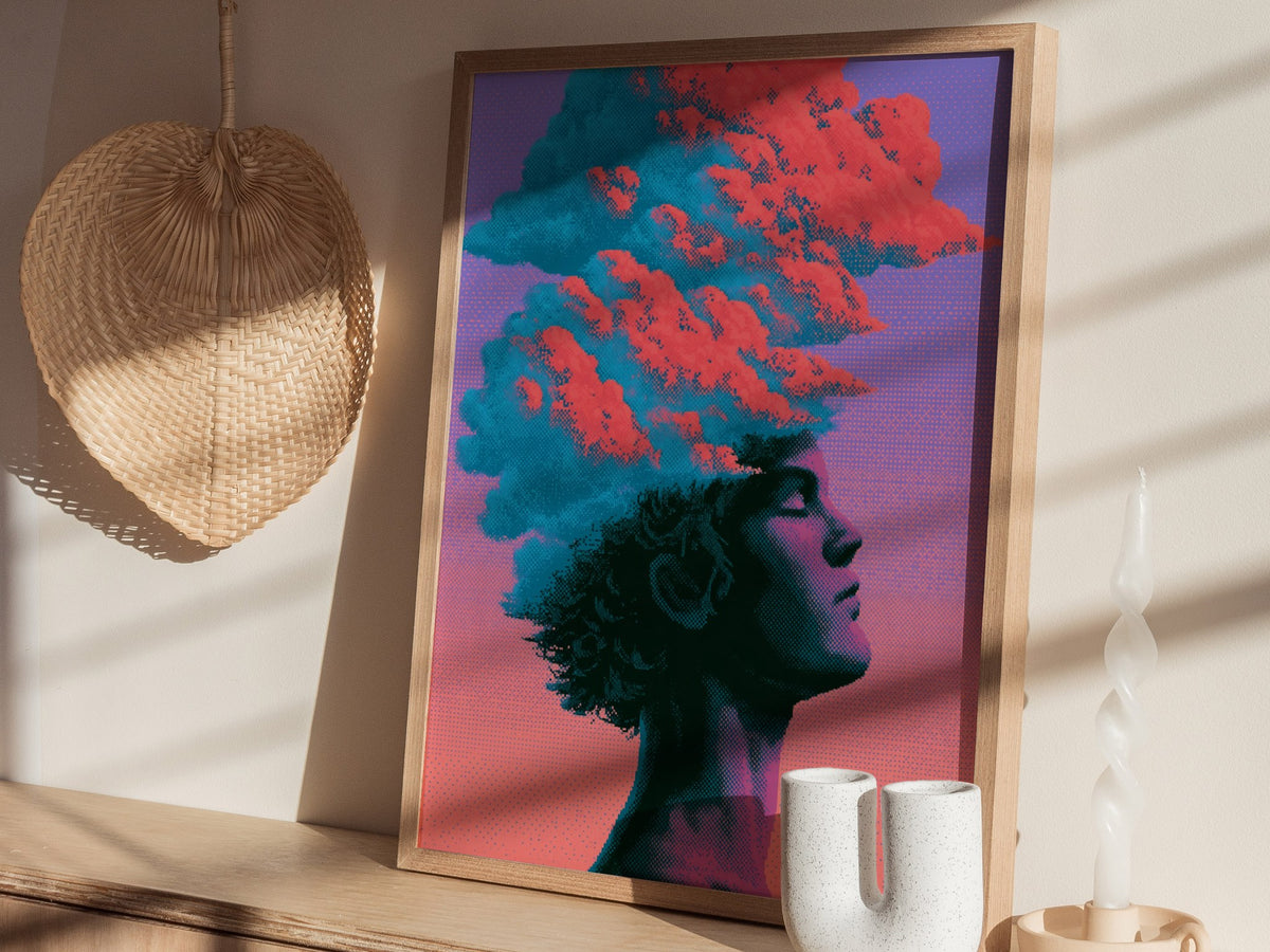 Cloud Mind Floats Poster | Coral and Turquoise Pixel Art Print | Retro Gaming Wall Art — styled in an interior