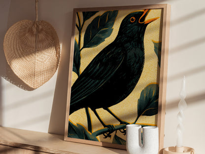 Blackbird in Gold Poster | Gold and Black Screen Print Art Print | British Garden Wall Art — styled in an interior