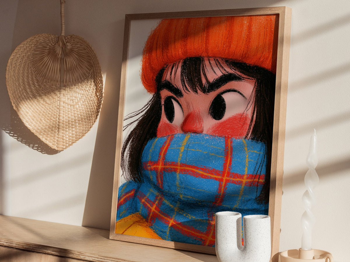 Girl Bundles Up Poster | Orange and Blue Illustrative Art Print | Kids Room Wall Art — styled in an interior