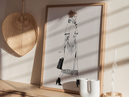 Woman Glances Back Poster | Orange and Cream Pen and Ink Art Print | Fashion Illustration Wall Art — styled in an interior