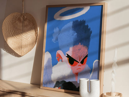 Fallen Angel Scowls Poster | Periwinkle and Orange Screen Print Art Print | Dark Fantasy Wall Art — styled in an interior