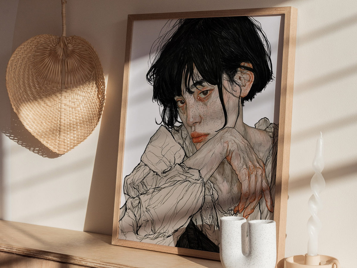 resting-hands Poster | Black and White Pen and Ink Art Print | Dark Academia Wall Art — styled in an interior