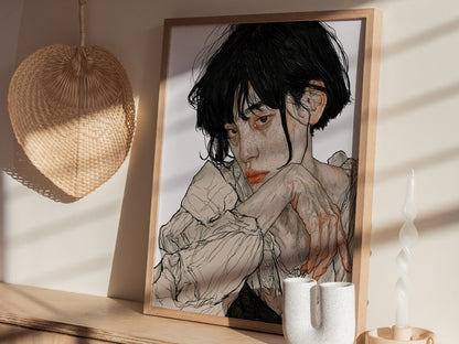resting-hands Poster | Black and White Pen and Ink Art Print | Dark Academia Wall Art — styled in an interior