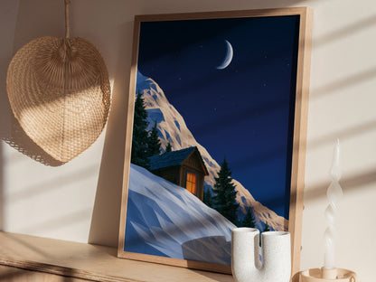 Mountain Cabin Waits Poster | Cobalt and Orange Low Poly Art Print | Mountain Modern Wall Art — styled in an interior