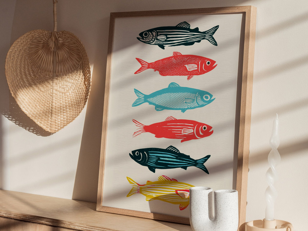 six-swimming-fish Poster | Teal and Coral Screen Print Art Print | Coastal Wall Art — styled in an interior
