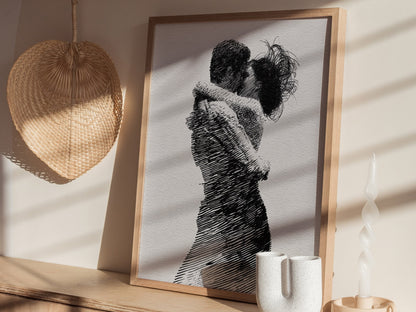 Lovers Almost Kiss Poster | Black and Cream Pen and Ink Art Print | Romantic Wall Art — styled in an interior