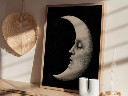 Manuscript Moon Poster | Black and Cream Pen and Ink Art Print | Dark Academia Wall Art — styled in an interior