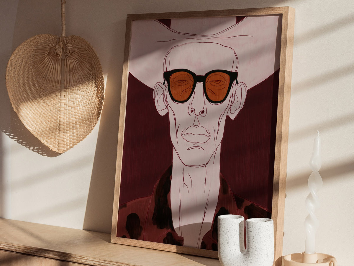Cowboy Behind Shades Poster | Burgundy Red Illustrative Art Print | Western Gothic Wall Art — styled in an interior