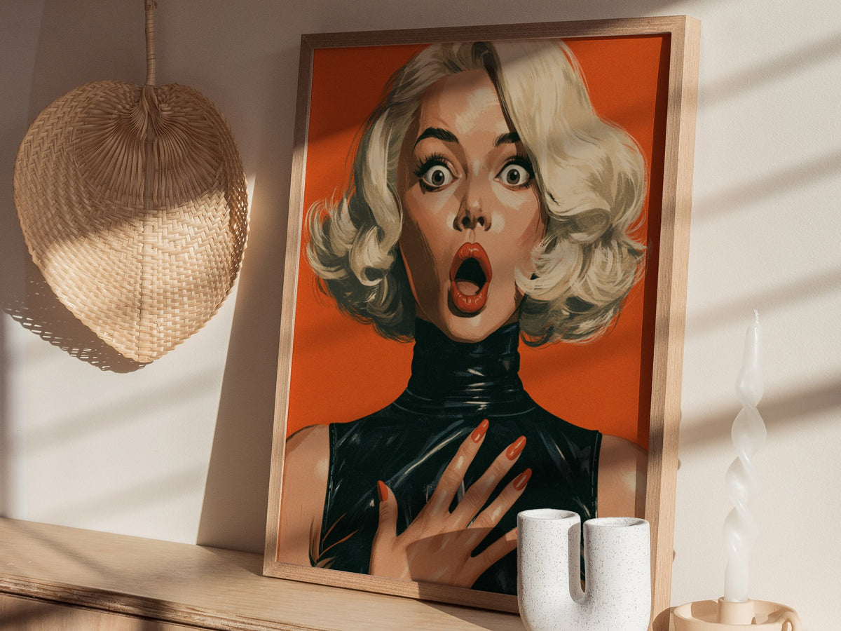 She Just Heard Poster | Orange and Black Illustrative Art Print | Pop Art Wall Art — styled in an interior