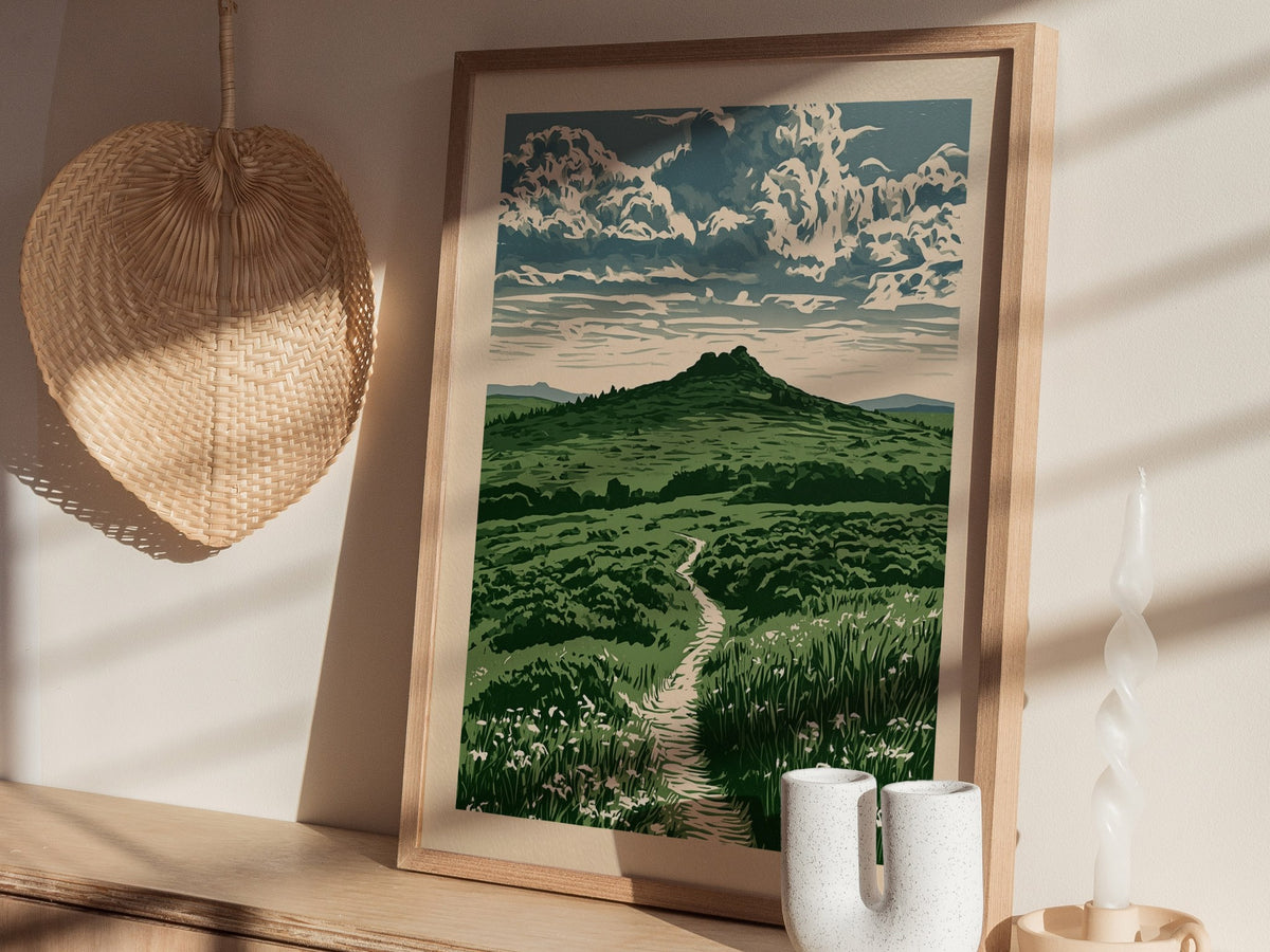 Moorland Cloud Tower Poster | Green and Cream Screen Print Art Print | Nature Lover Wall Art — styled in an interior